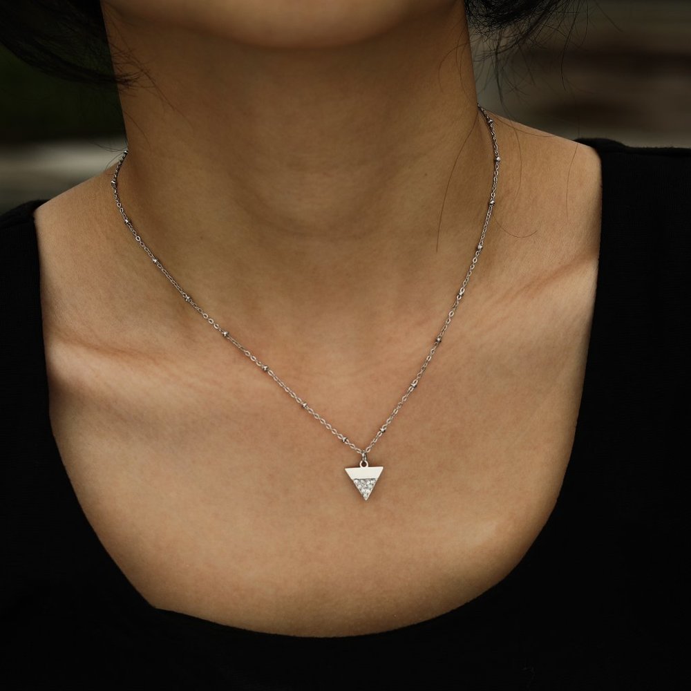 Beaded Chain Necklace with Zirconia Pavé Triangle Pendant in Silver